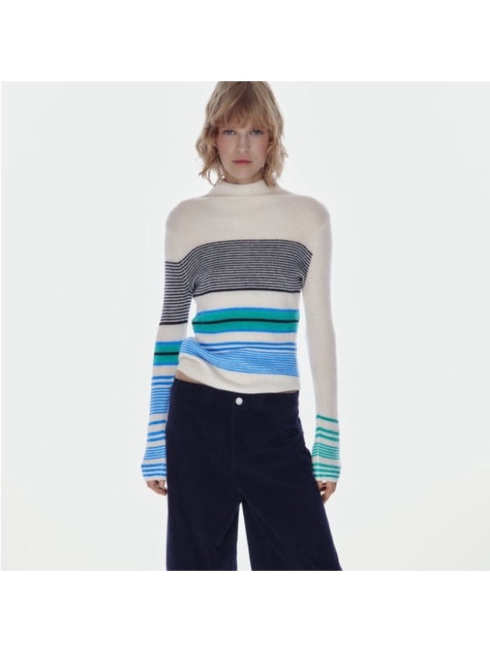 NWT Zara Knit Striped Asymmetrical Wool Blend Mock Neck Sweater Sz S